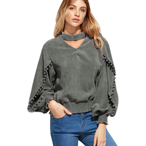 Fashion Loose Fitting V Neck Long sleeves Casual Blouse Women