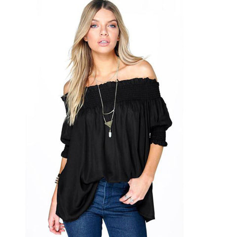 Off Shoulder Women Blouse Black Shirt 2016 Fashion Half Sleeve Tops Casual Loose Blouse Beach Shirt #YEE