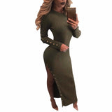 Fashion New Women Sexy Dress Round Neck Long Sleeve Knitting Dress Split Leg Dress