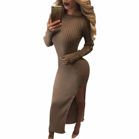 Fashion New Women Sexy Dress Round Neck Long Sleeve Knitting Dress Split Leg Dress