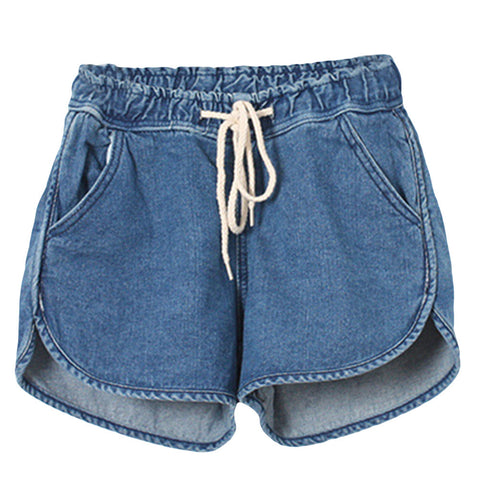 Korean Style Women Summer Drawstring Shorts Mid-waist Denim Shorts Hot Sale Casual Loose Female Shorts Pure Color