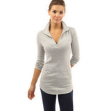 High Quality Skinny Women T-shirt Solid Long Sleeve V-neck Zipper Tops Casual Slim Fit Shirt Camiseta Mujer