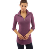 High Quality Skinny Women T-shirt Solid Long Sleeve V-neck Zipper Tops Casual Slim Fit Shirt Camiseta Mujer